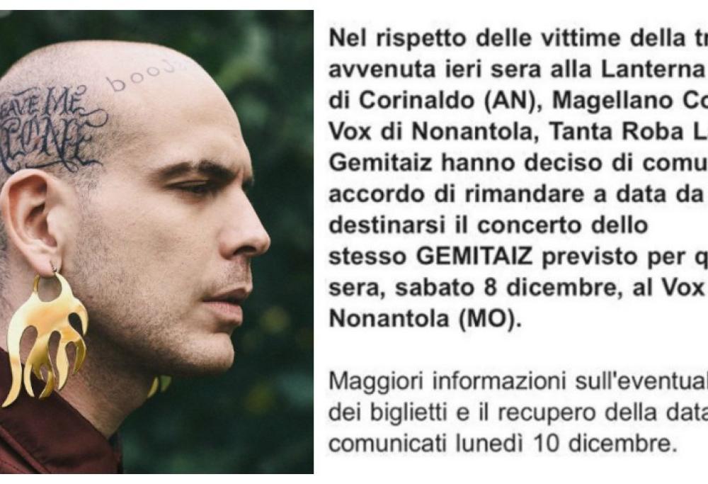 Gemitaiz, data sospesa dopo la tragedia nella discoteca di Ancona