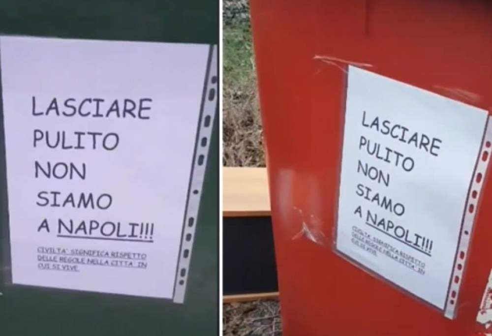 Cartello shock sui cassonetti di Pordenone: “Lasciare pulito, non siamo a Napoli”