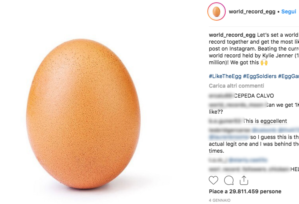 Con quasi 30 milioni di like un uovo batte il record di Kylie Jenner su Instagram