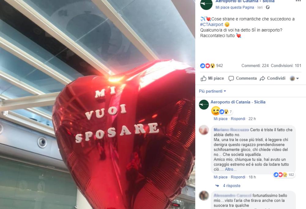 Aeroporto di Catania: lui a sorpresa le chiede la mano, lei rifiuta e scappa