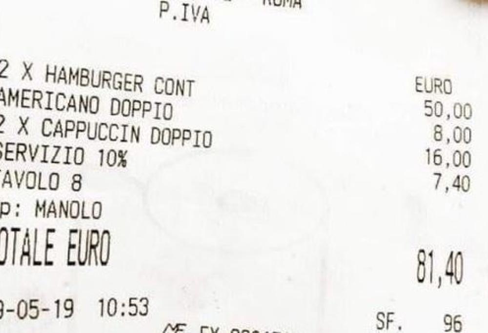 Scontrino choc a Roma: 81 euro per 2 hamburger e 2 cappuccini