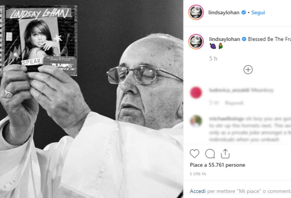 Lindsay Lohan posta il fotomontaggio del Papa con il suo disco: è polemica