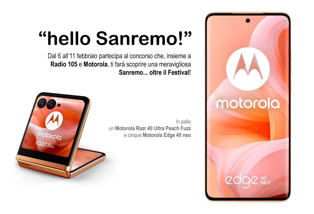 Partecipa al concorso HELLO SANREMO! In palio un Motorola Razr 40 Ultra Peach Fuzz e cinque Motorola Edge 40 neo!