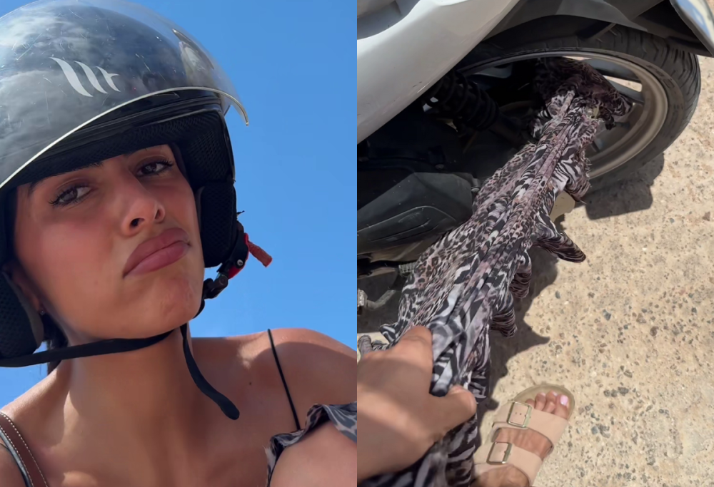 Disavventura per Giulia Salemi: vestito incastrato nello scooter