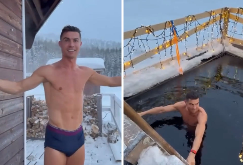 Ronaldo in Lapponia sfida i suoi limiti e si tuffa in piscina a -20°