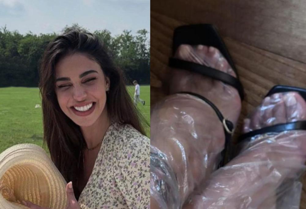 Belén Rodríguez: cosa ci fa con le buste di plastica attorno ai piedi?