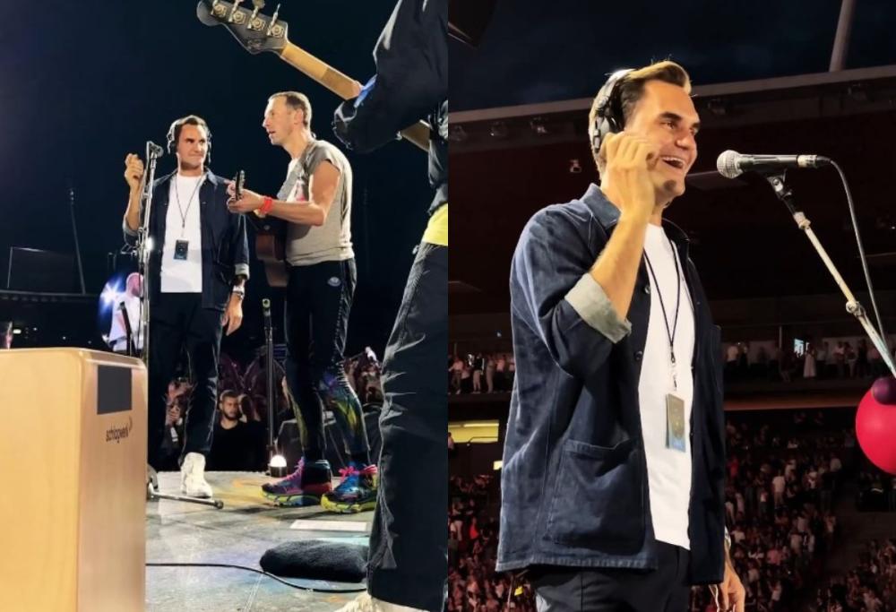 Roger Federer, ospite dai Coldplay, si esibisce in “Don’t panic”