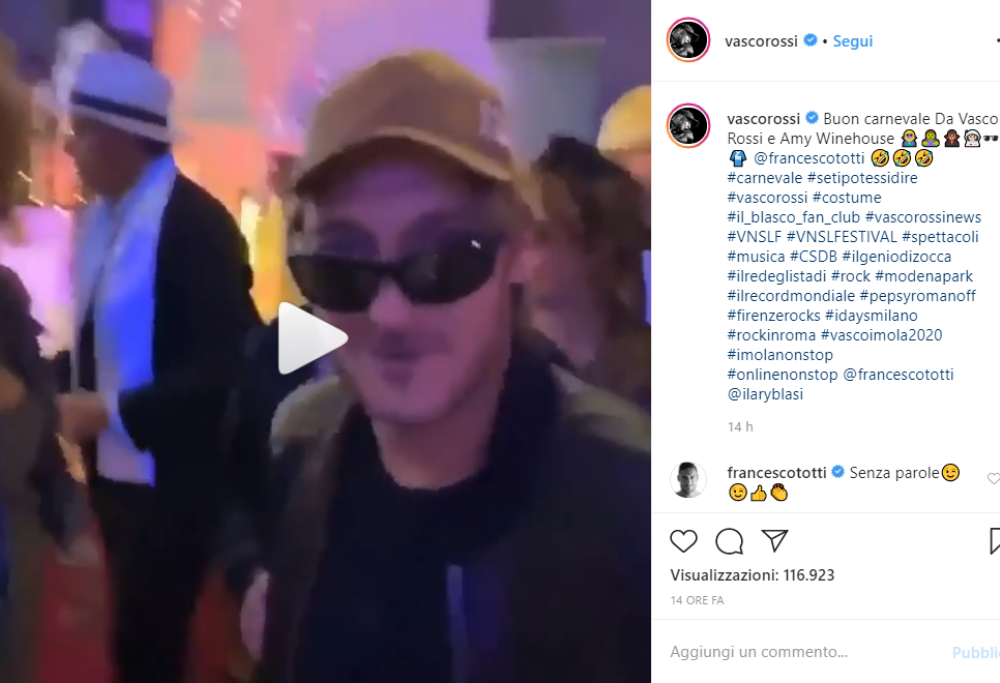 Francesco Totti si traveste da Vasco Rossi per carnevale e il rocker commenta il costume