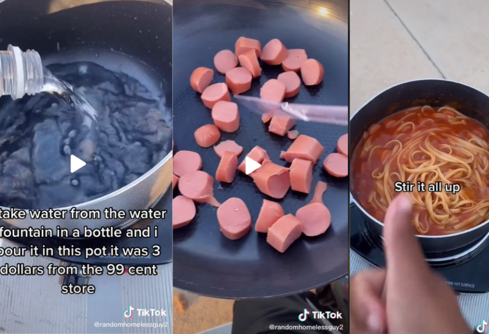 Un giovane senzatetto mostra su Tik Tok come si cucina per strada 