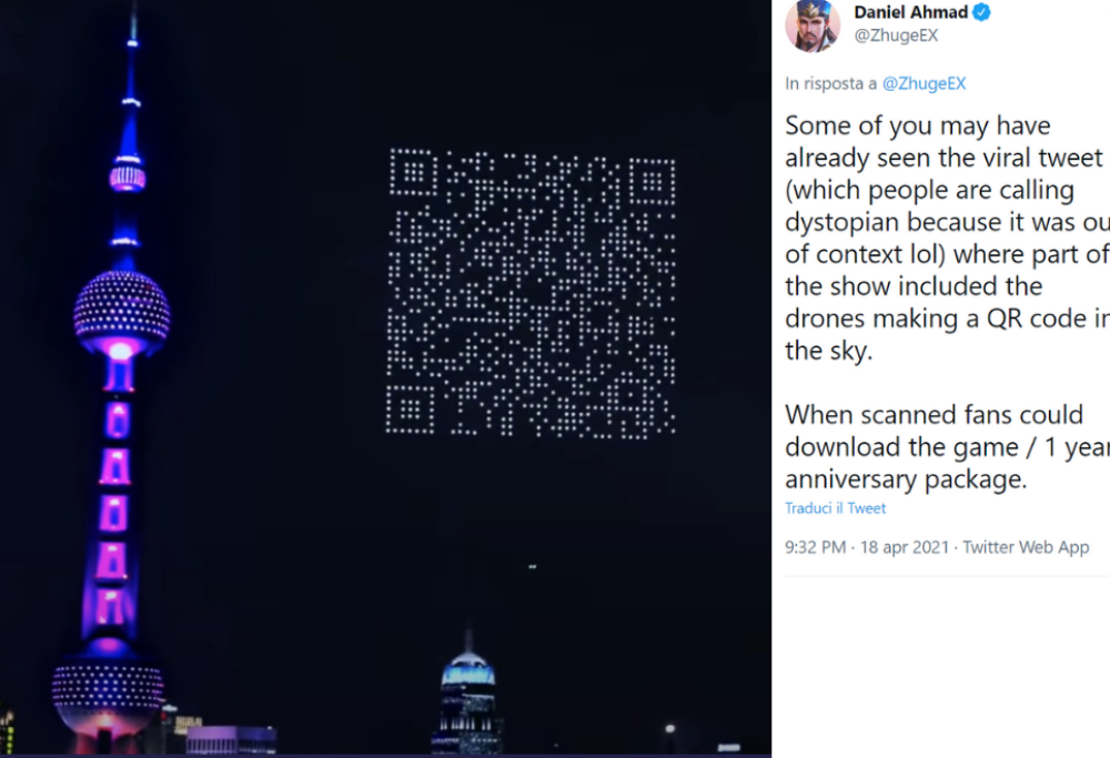 In Cina 1500 droni volano nel cielo per festeggiare il compleanno di un videogame