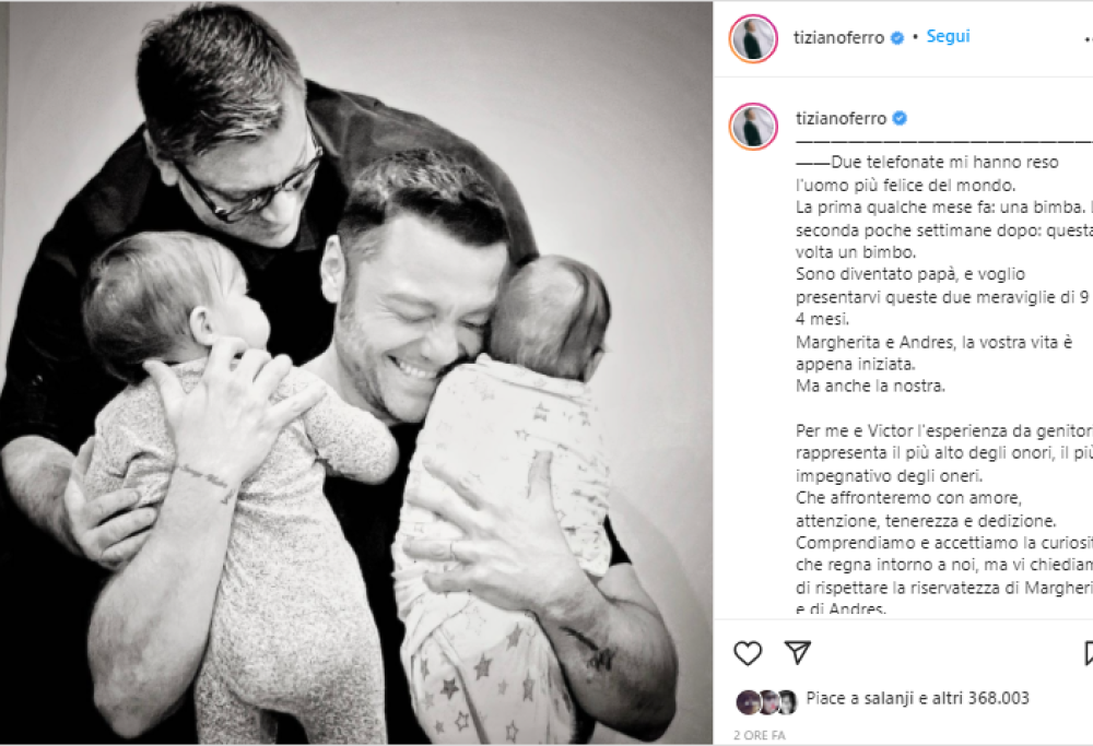 Tiziano Ferro e il marito sono diventati papà di due bambini 