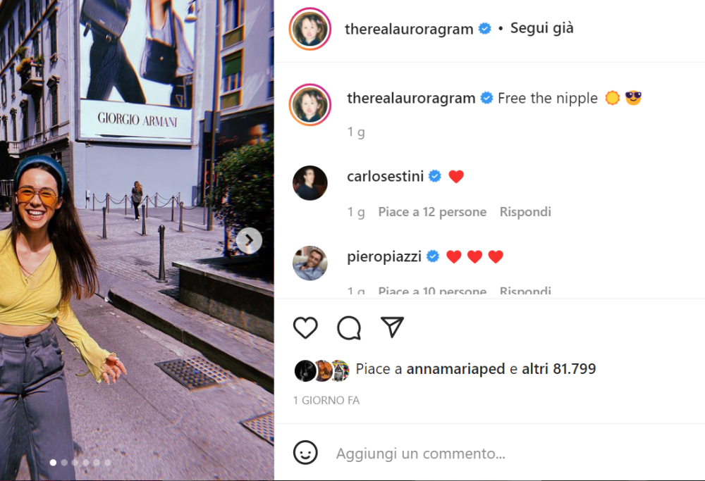 Aurora Ramazzotti mostra i capezzoli e lancia la campagna “Free the nipples”
