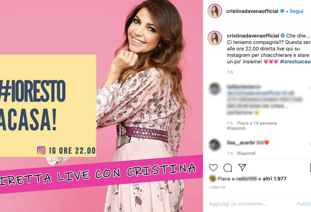 Cristina D'Avena supporta l'iniziativa #iorestoacasa con una diretta su Instagram