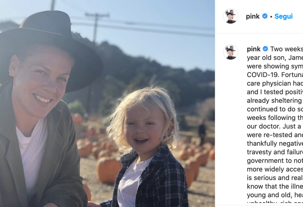 Pink e il figlio di tre anni positivi al Covid-19: "Prendete seriamente questa malattia"