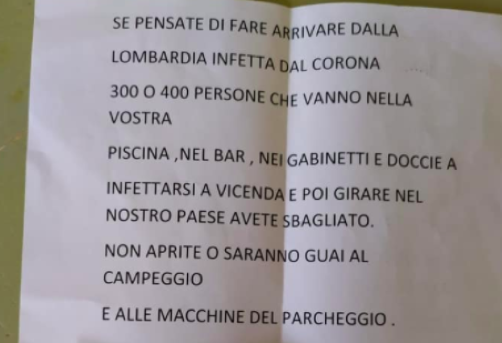 Campeggio riceve lettera minatoria: "Se ospitate lombardi infetti saranno guai"