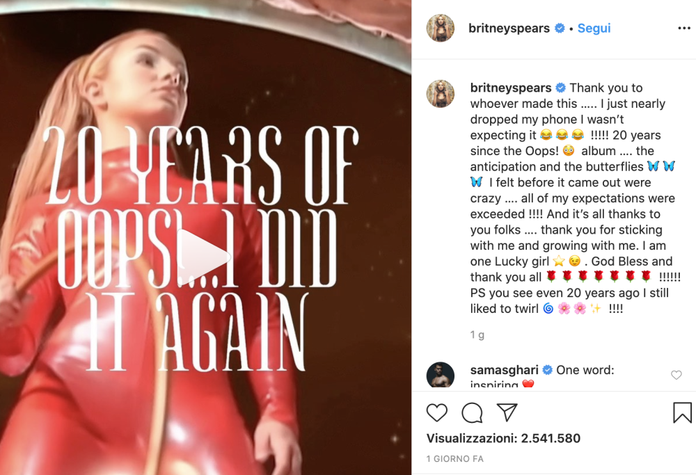 Britney Spears festeggia 20 anni dall'uscita dell'album Oops... I Did It Again scrivendo alla Nasa