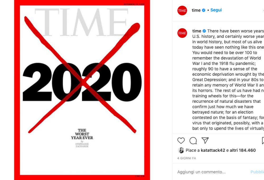 Sulla copertina del Time il 2020 è cancellato: un anno pessimo