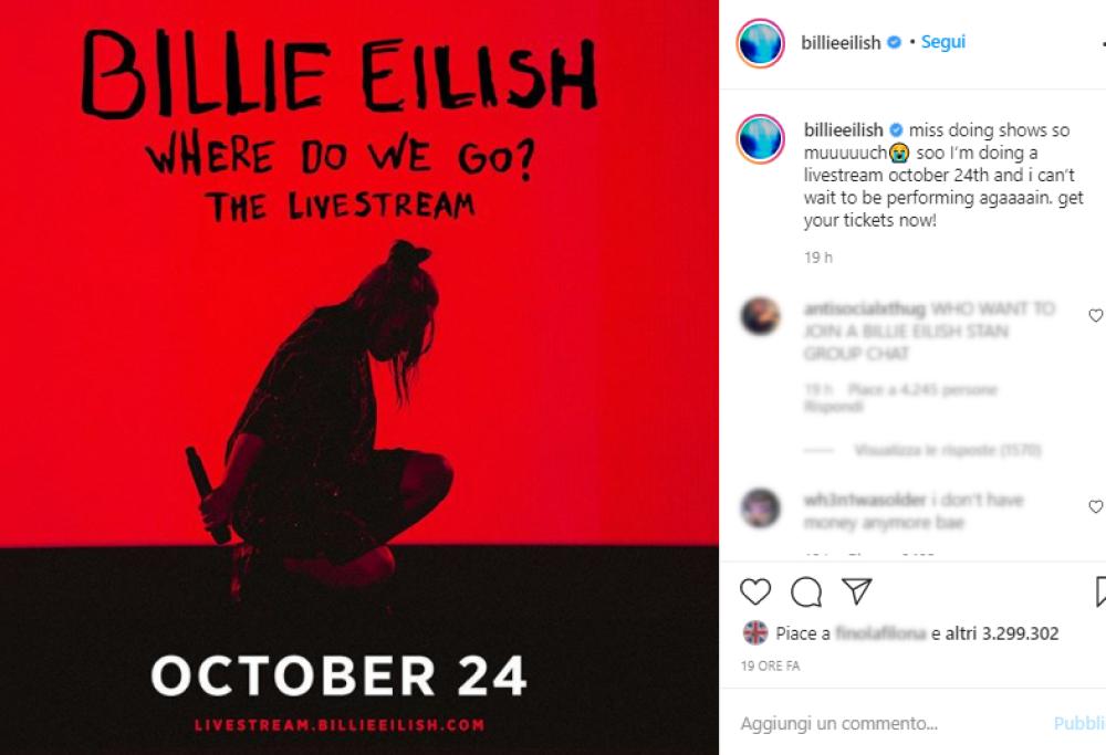 Billie Eilish annuncia il prossimo concerto: sarà in live streaming