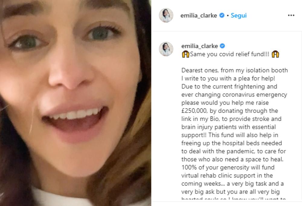 Emilia Clarke offre una cena virtuale con lei a chi dona fondi
