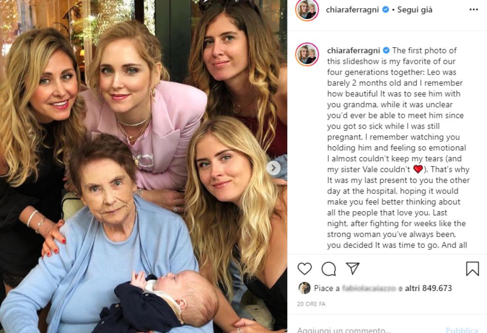 Morta la nonna di Chiara Ferragni: un post su Instagram per ricordarla