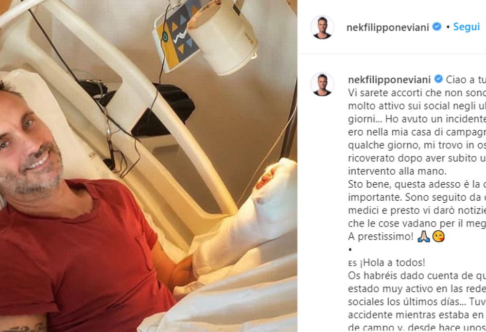 Nek, ricoverato in ospedale per un incidente alla mano, rassicura i fan