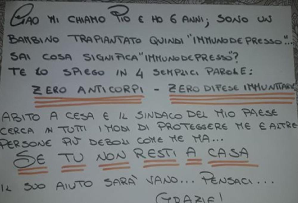 Coronavirus: l'appello di un bimbo trapiantato di 6 anni commuove il web