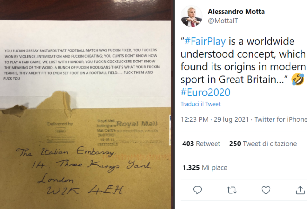 Lettera all’ambasciata italiana a Londra: “Bastardi e violenti, avete truccato la finale”