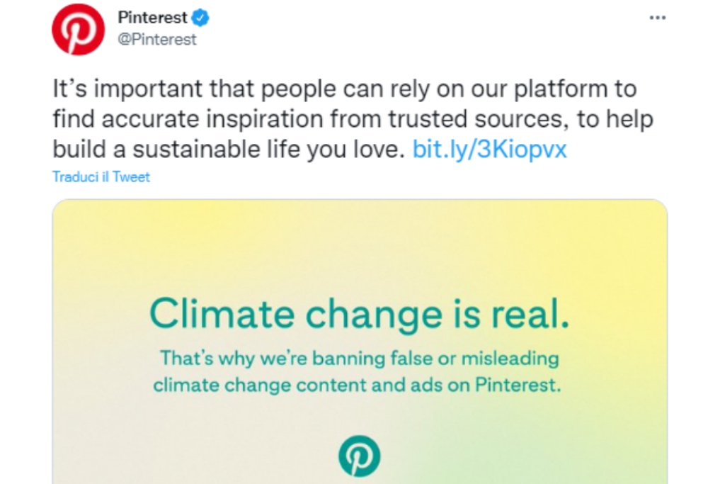 Pinterest si schiera contro le fake news e i negazionisti della crisi climatica 