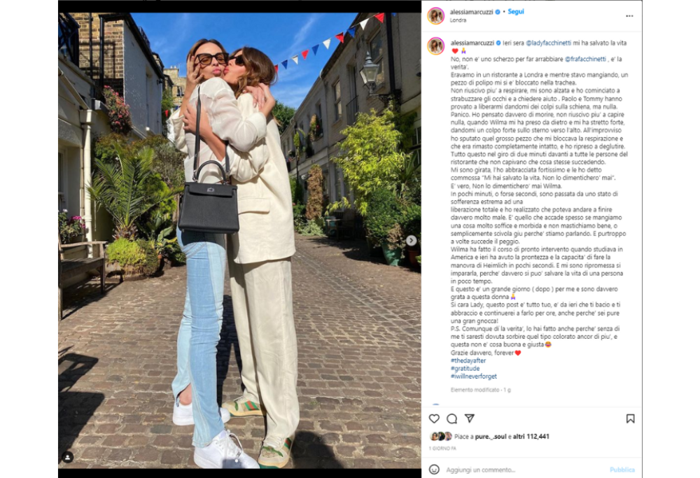 Paura per Alessia Marcuzzi a Londra: “Stavo soffocando, Wilma Facchinetti mi ha salvato la vita”