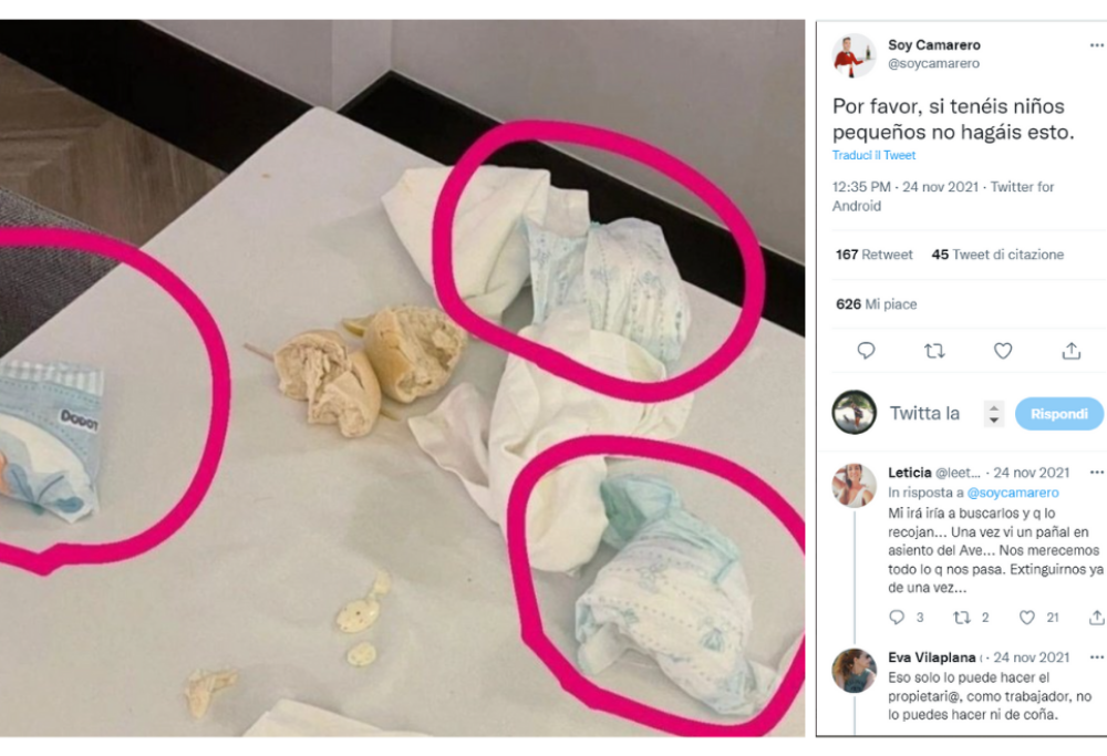 Cambiano il figlio al ristorante e lasciano i pannolini sporchi  sul tavolo