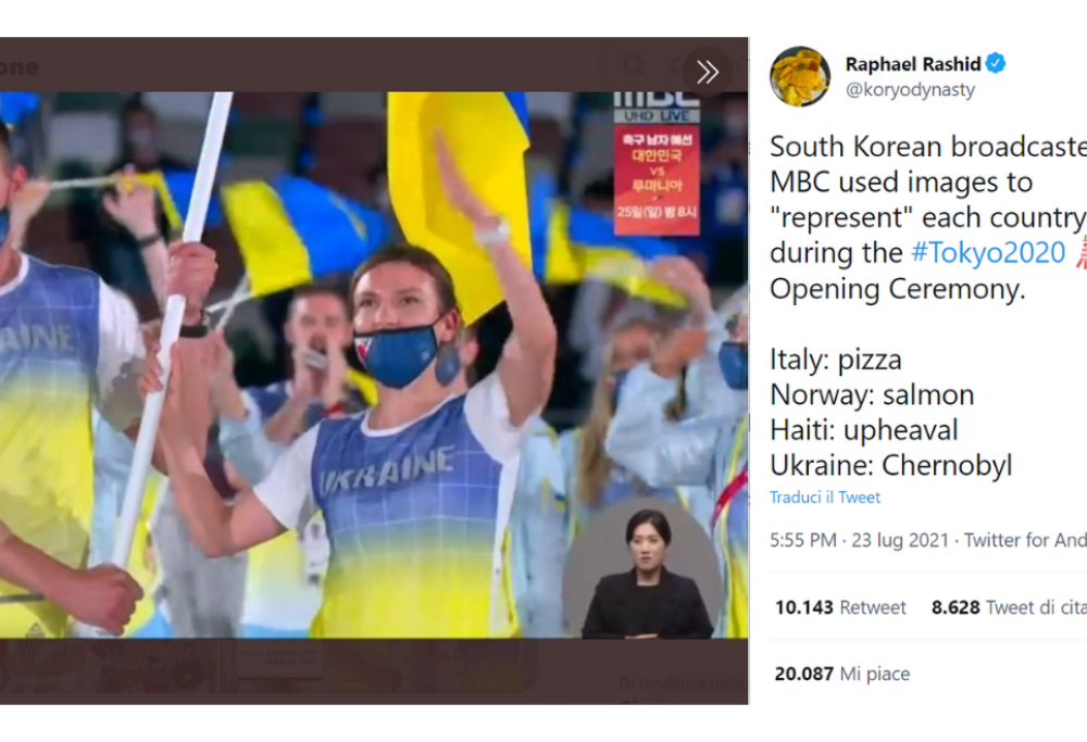 Tokyo 2020: una tv coreana usa Chenrobyl per rappresentare l’Ucraina, la pizza per l’Italia e il Salmone per la Norvegia