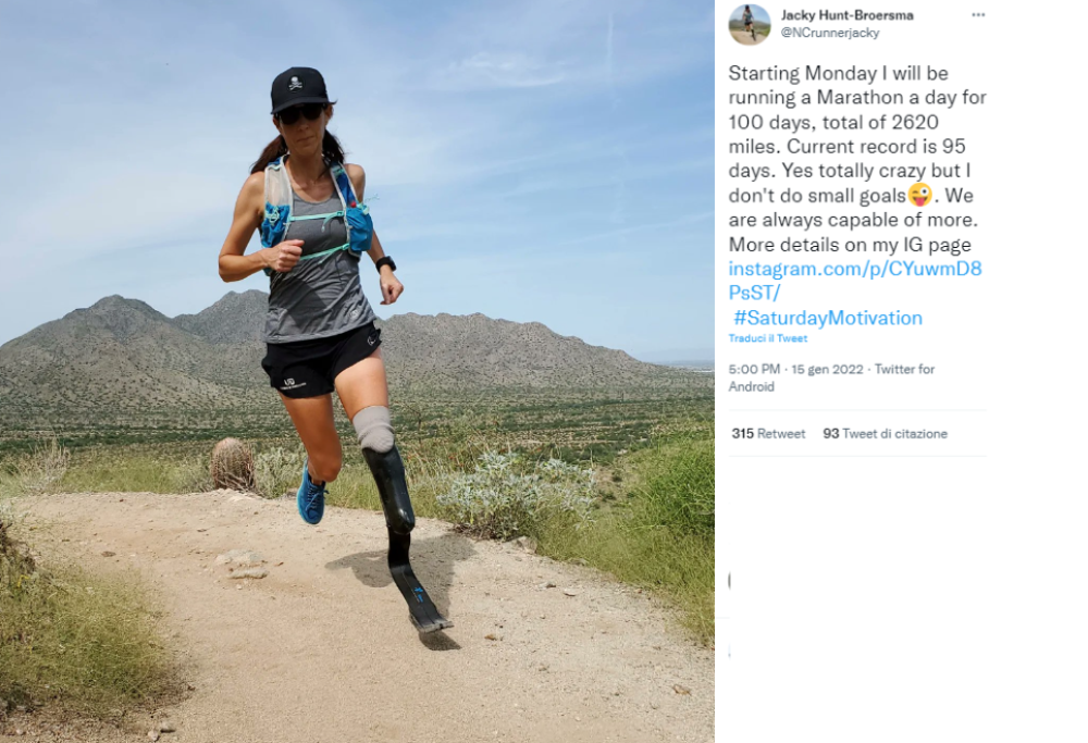 Con la gamba amputata corre una maratona al giorno per 104 giorni