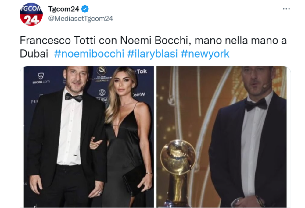 Noemi Bocchi con Totti al Globe Soccer Awards sfoggia un anello (di fidanzamento?) da 300mila euro