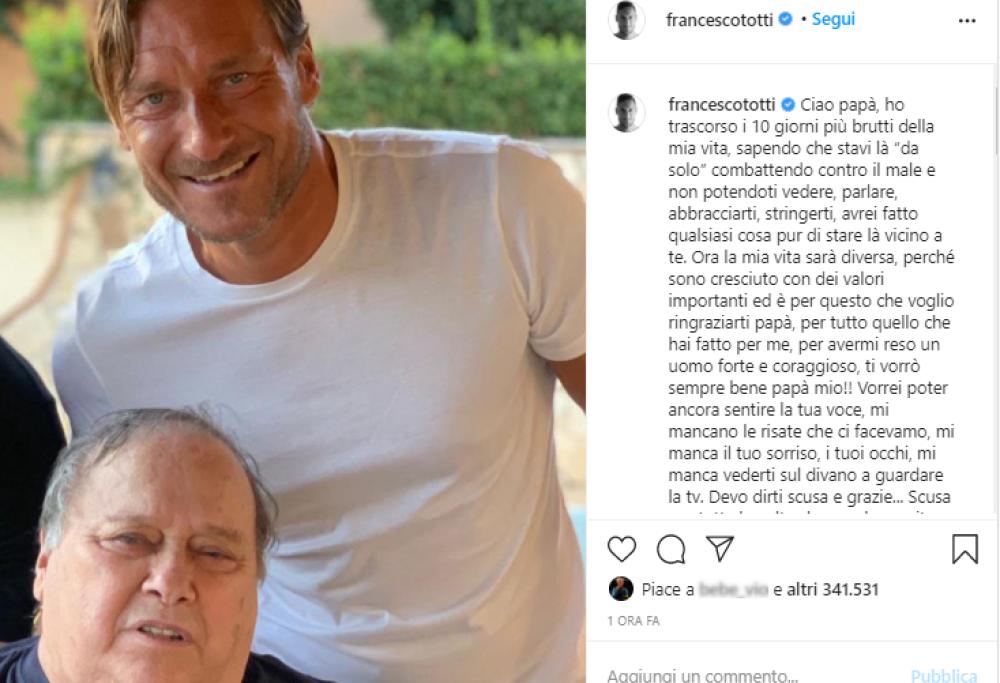 La commovente lettera di addio di Francesco Totti al papà Enzo, scomparso lunedì