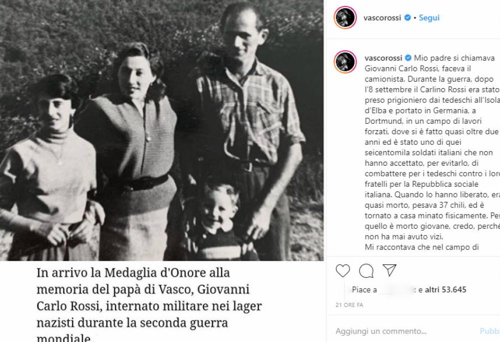 Vasco Rossi: il padre riceverà una Medaglia d'Onore alla memoria