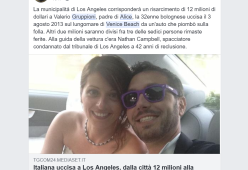 Uccisa in luna di miele a Los Angeles, alla famiglia di Alice Gruppioni un risarcimento di 12 milioni di dollari