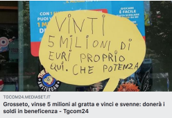 Vince 5 milioni al ‘Gratta e vinci’: donerà parte dei soldi in beneficenza