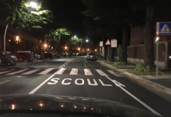 A Cesena appare l’errore assurdo sull’asfalto: “Scoula”: 