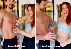 Noemi si allena per il tour “accordando” gli addominali del trainer