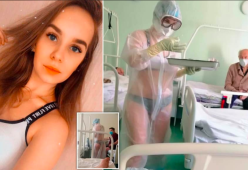 L'infermiera russa in costume sotto la tuta trasparente ora fa la modella
