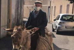 81enne in sella all'asina con mascherina e autocertificazione