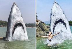 Selfie con un terrificante squalo bianco? Ecco l'idea di un artista