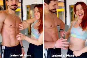 Noemi si allena per il tour “accordando” gli addominali del trainer
