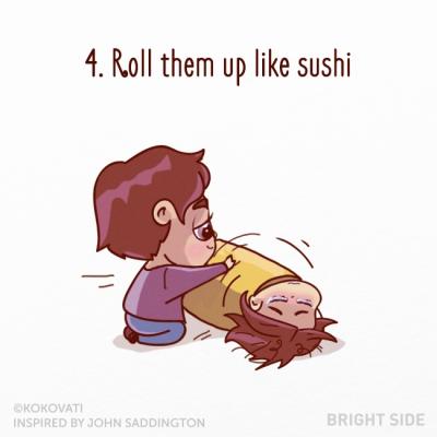 Avvolgete la persona triste nella copertina come se fosse un rotolino di sushi