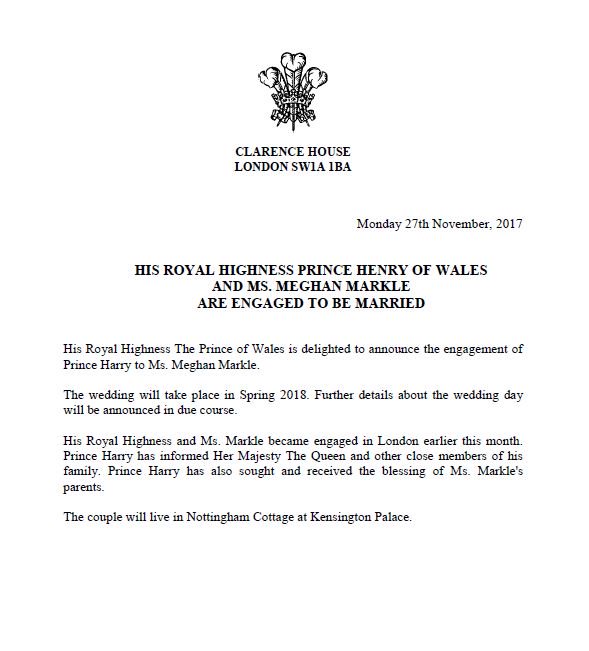 Clarence House: Harry e Meghan sposi